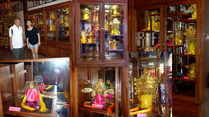 Cabinet on right of altar showing various headgears of the Deities.  From left to right of bottom photos 