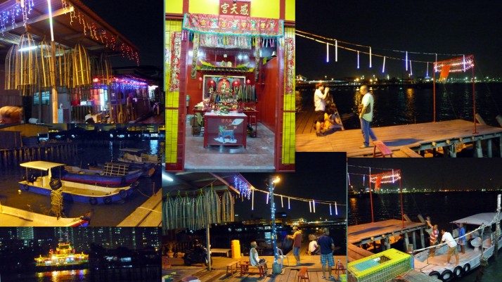 At the end of Chew Jetty, there is a Tai Tay Yah Temple, Deity of the Chew Clan.  One can  also see fishing traps, speed boats collecting passengers and folks just relaxing.  In the distance, the Floating Temple "floating" at the Waterfront.